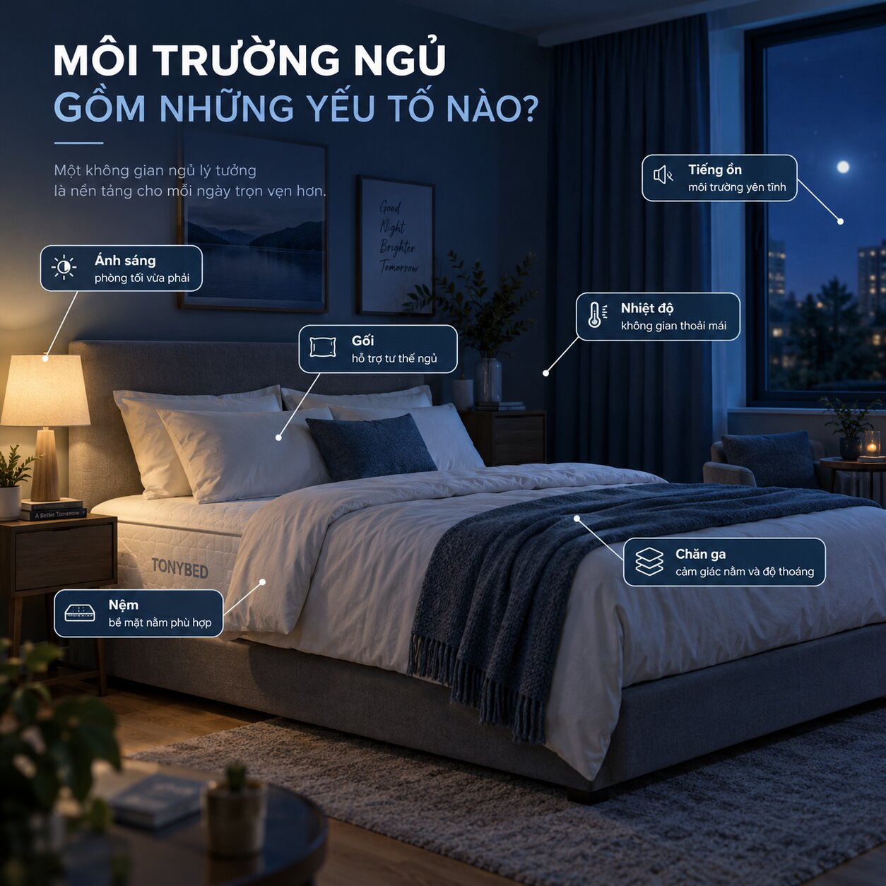 Môi trường ngủ gồm ánh sáng tiếng ồn nhiệt độ nệm gối và chăn ga