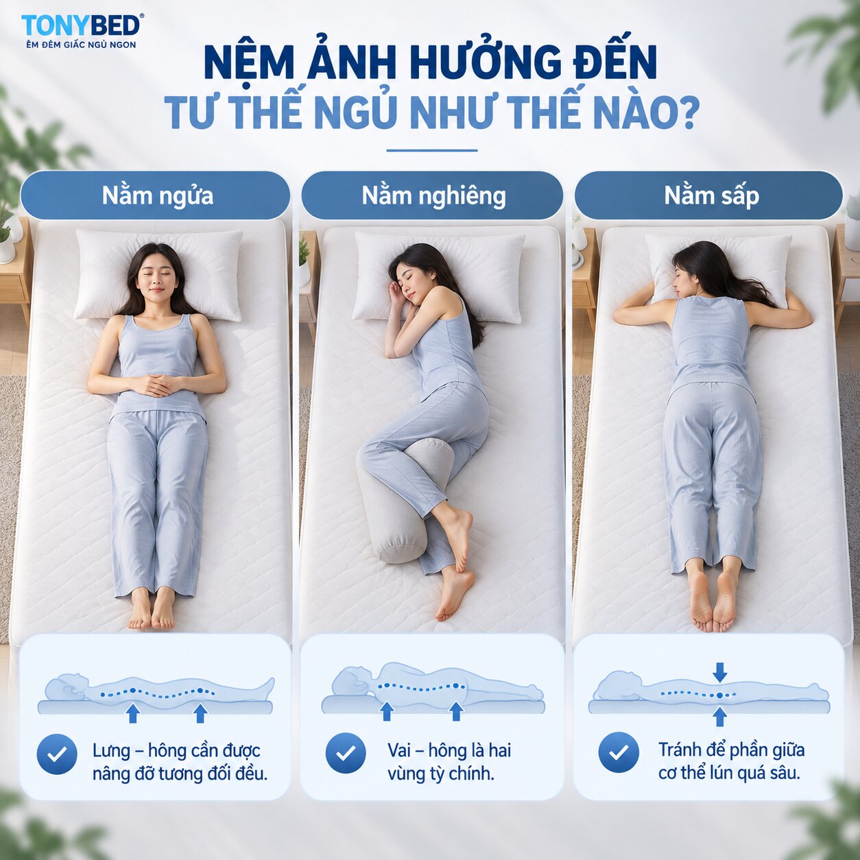 Nệm ảnh hưởng đến tư thế ngủ nằm ngửa nằm nghiêng và nằm sấp