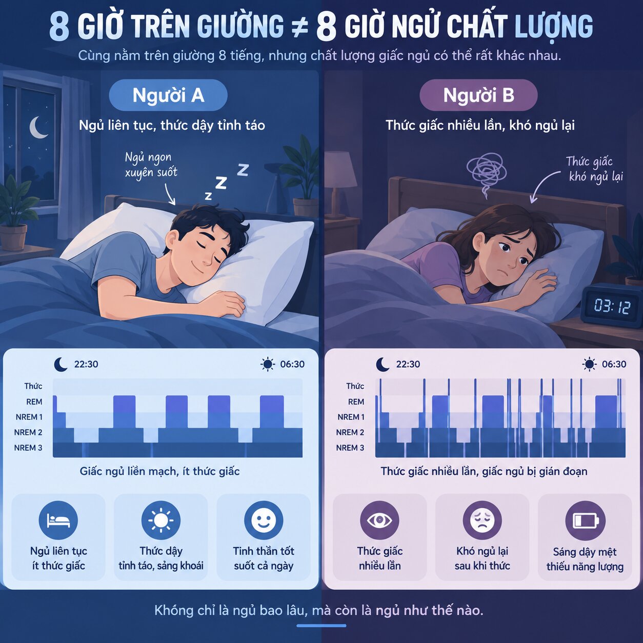 Ngủ đủ giờ nhưng chất lượng giấc ngủ khác nhau