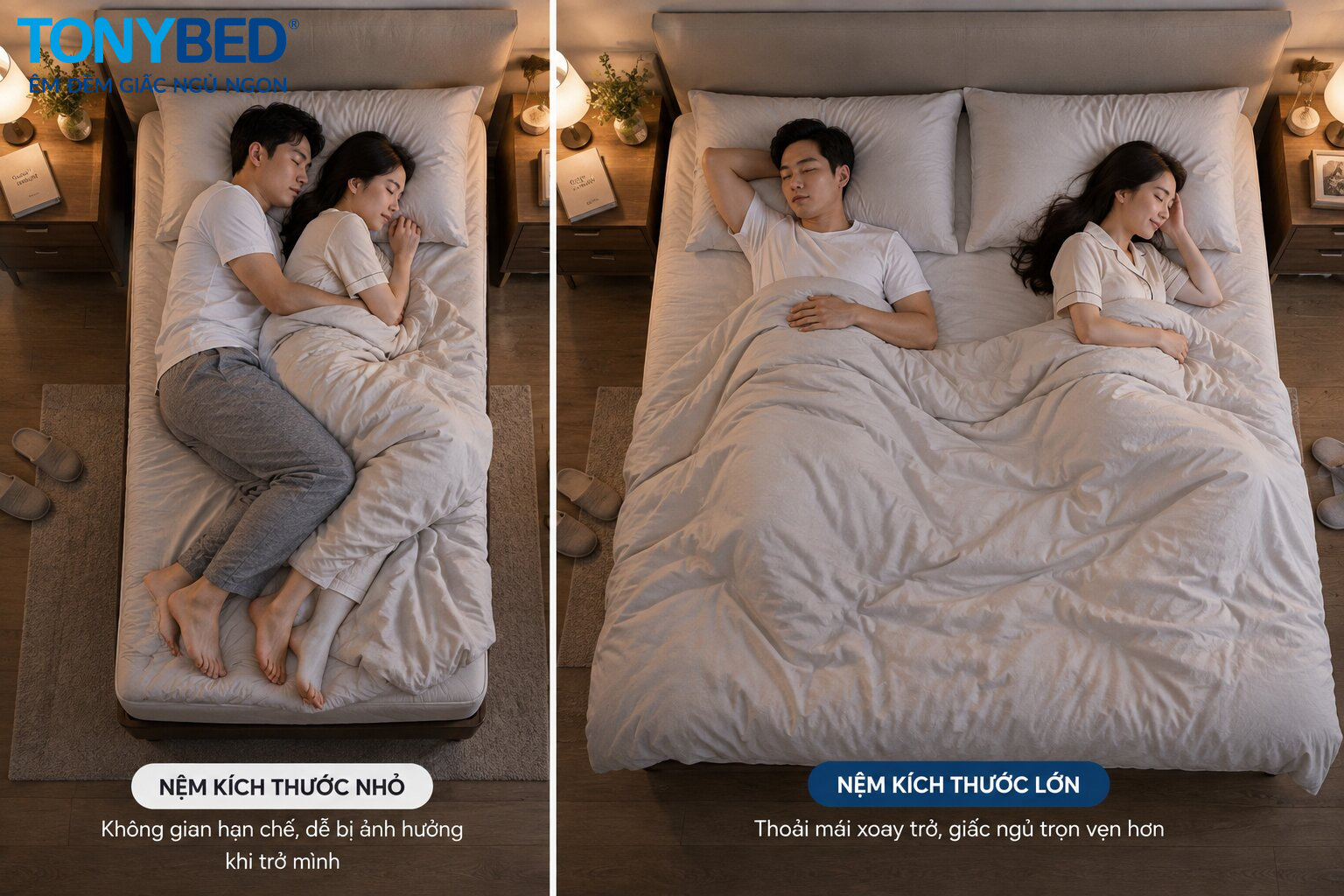 So sánh không gian nệm 1m4 và 1m8 cho hai người