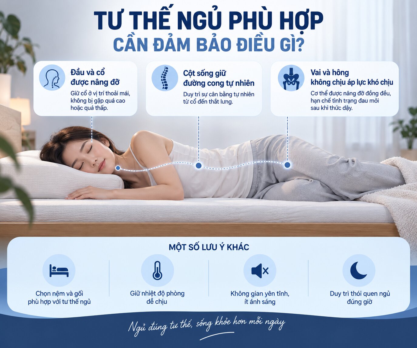 Tư thế ngủ đúng giúp đầu cổ và cột sống được nâng đỡ tự nhiên