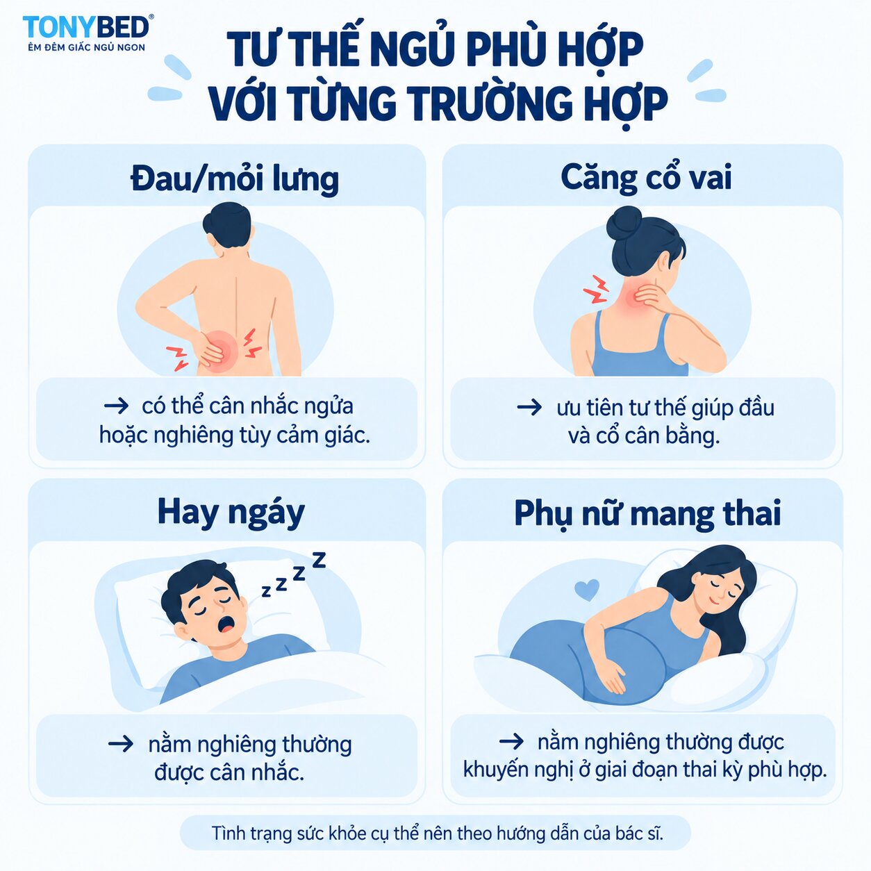 Tư thế ngủ phù hợp với người đau lưng ngáy đau cổ và phụ nữ mang thai