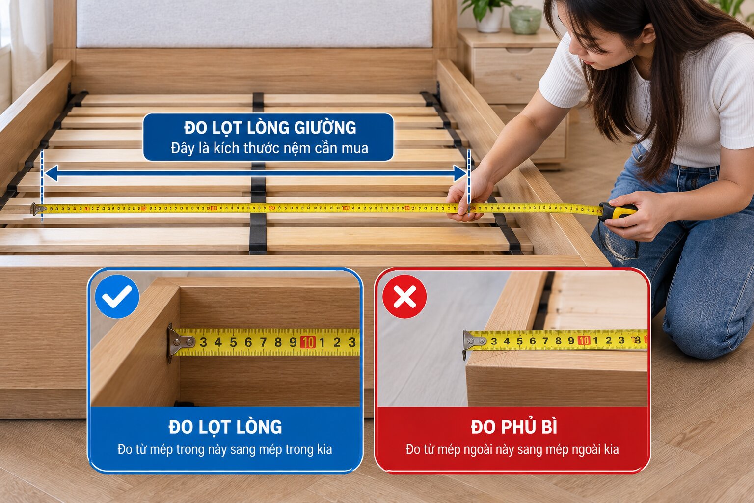 Cách dùng thước dây đo lọt lòng giường thực tế để chọn kích thước nệm chuẩn, tránh bị hở mép hoặc cong nệm