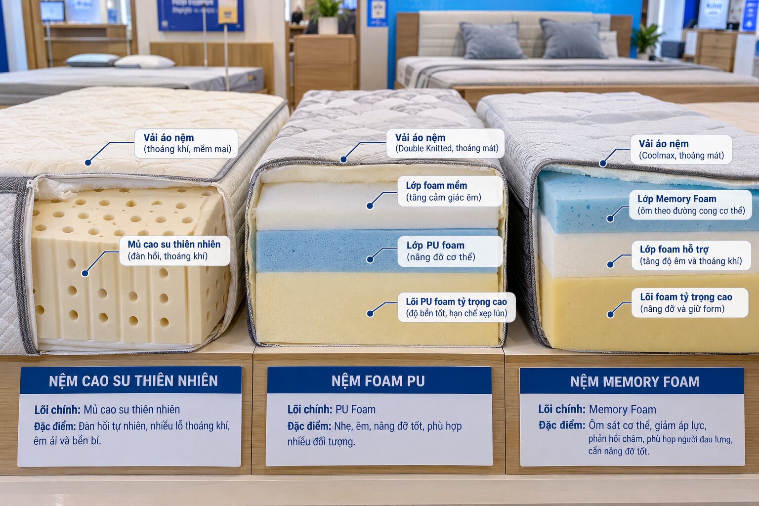 Cắt lớp lõi nệm thực tế để phân biệt nệm cao su thiên nhiên, nệm foam và PU foam