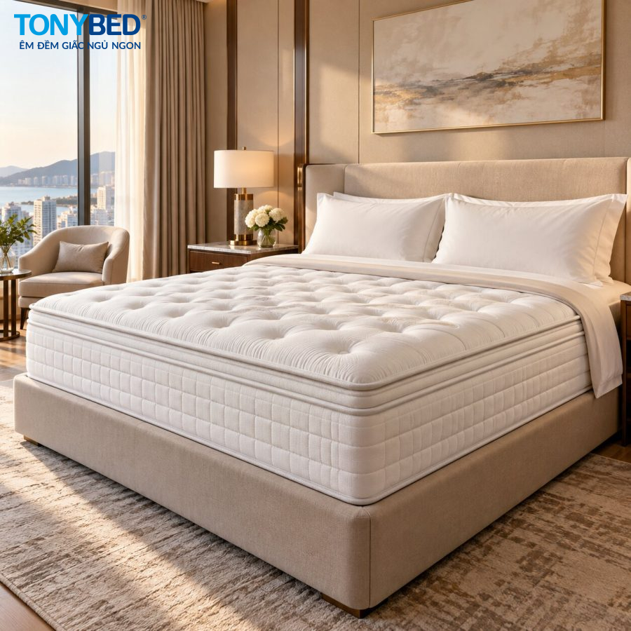Cấu trúc nệm khách sạn 5 sao với lò xo túi độc lập kết hợp Pillow Top