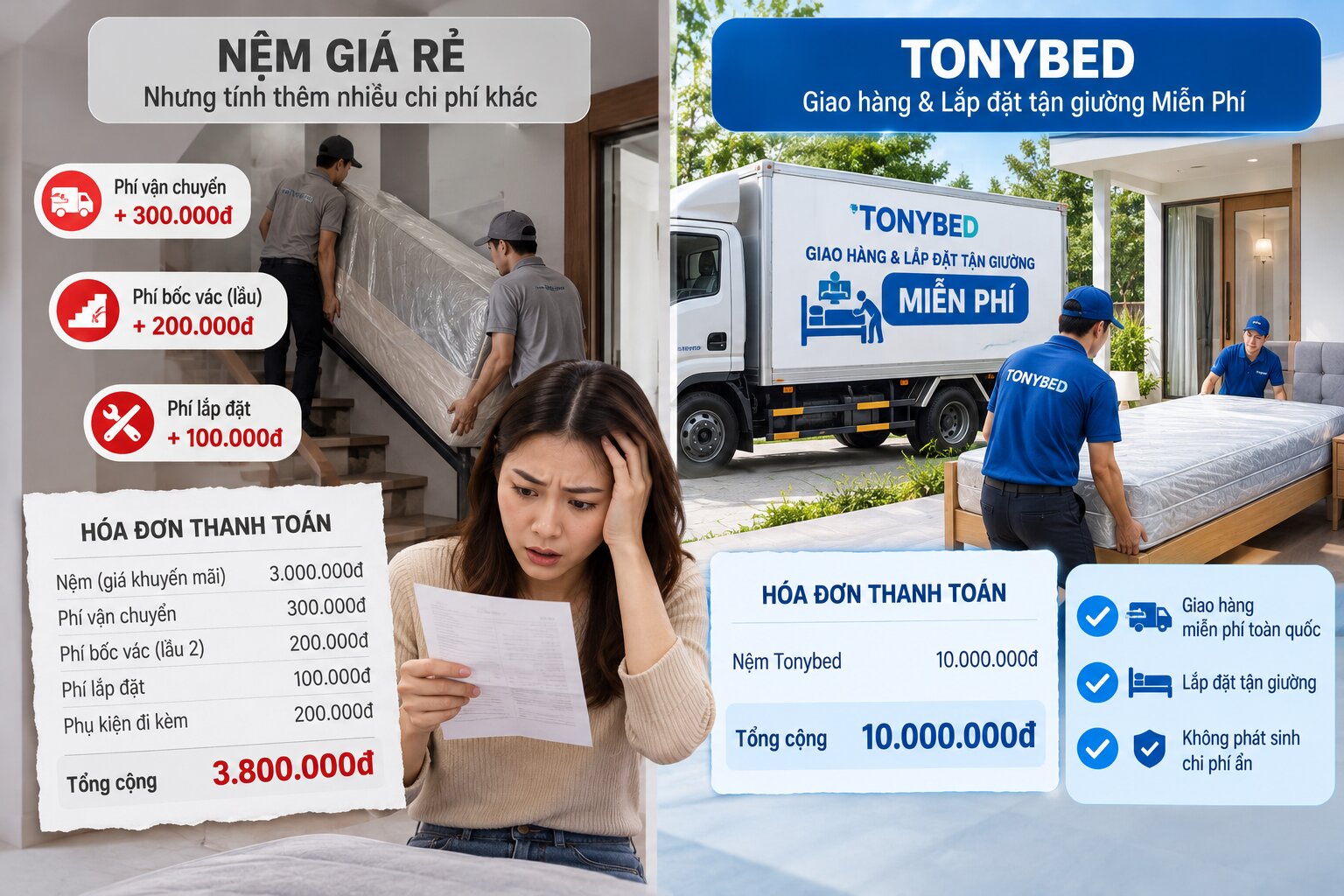 Dịch vụ giao hàng và lắp đặt nệm miễn phí tận phòng của Tonybed