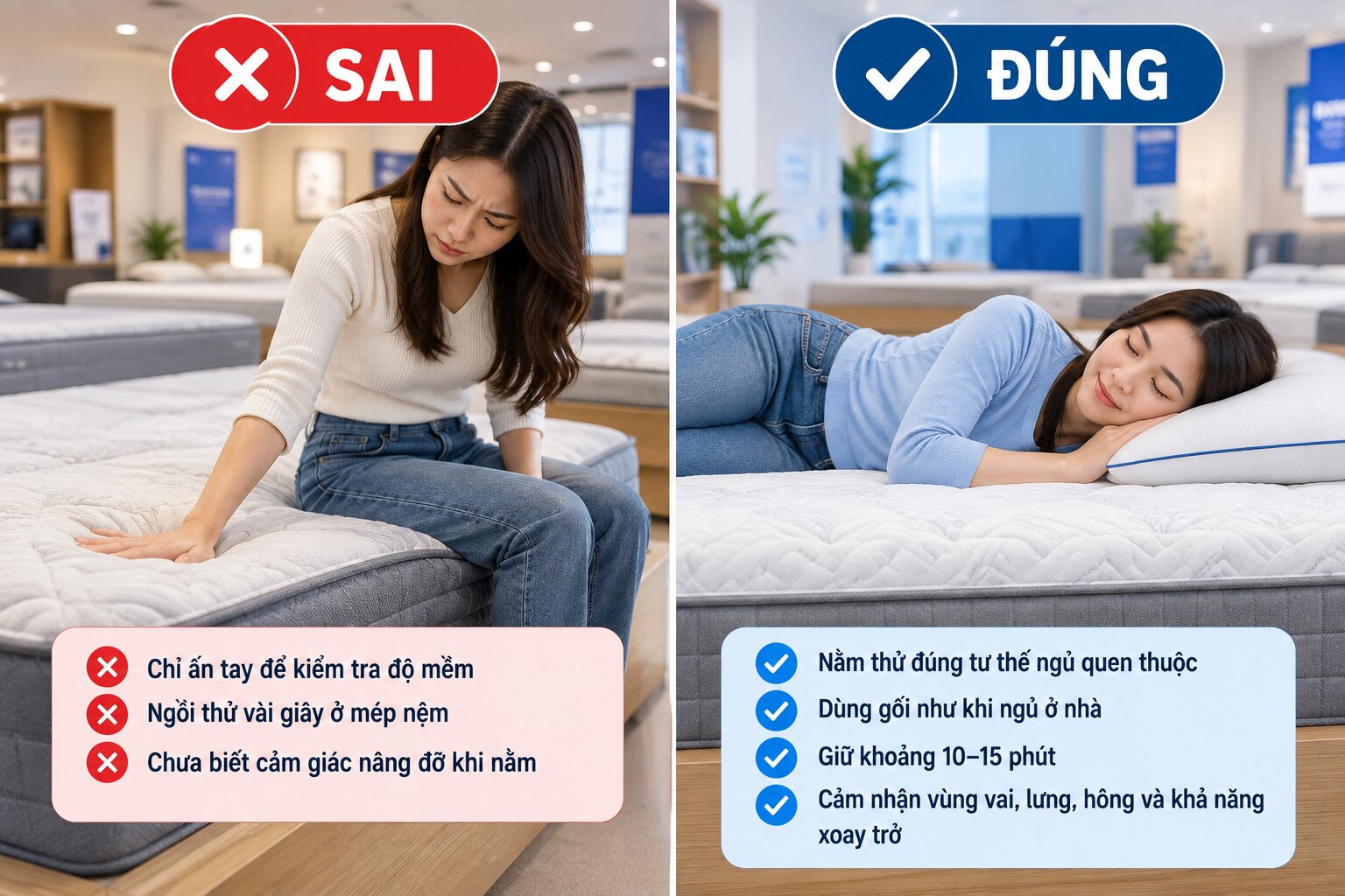 Hướng dẫn cách nằm thử nệm đúng tư thế tại cửa hàng trong 10-15 phút để tránh mua sai độ cứng