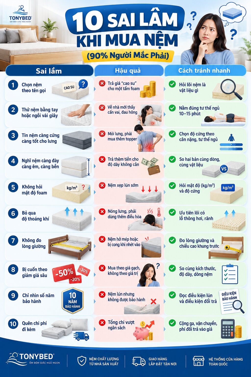 Infographic tóm tắt 10 sai lầm khi mua nệm và cách phòng tránh nhanh chóng