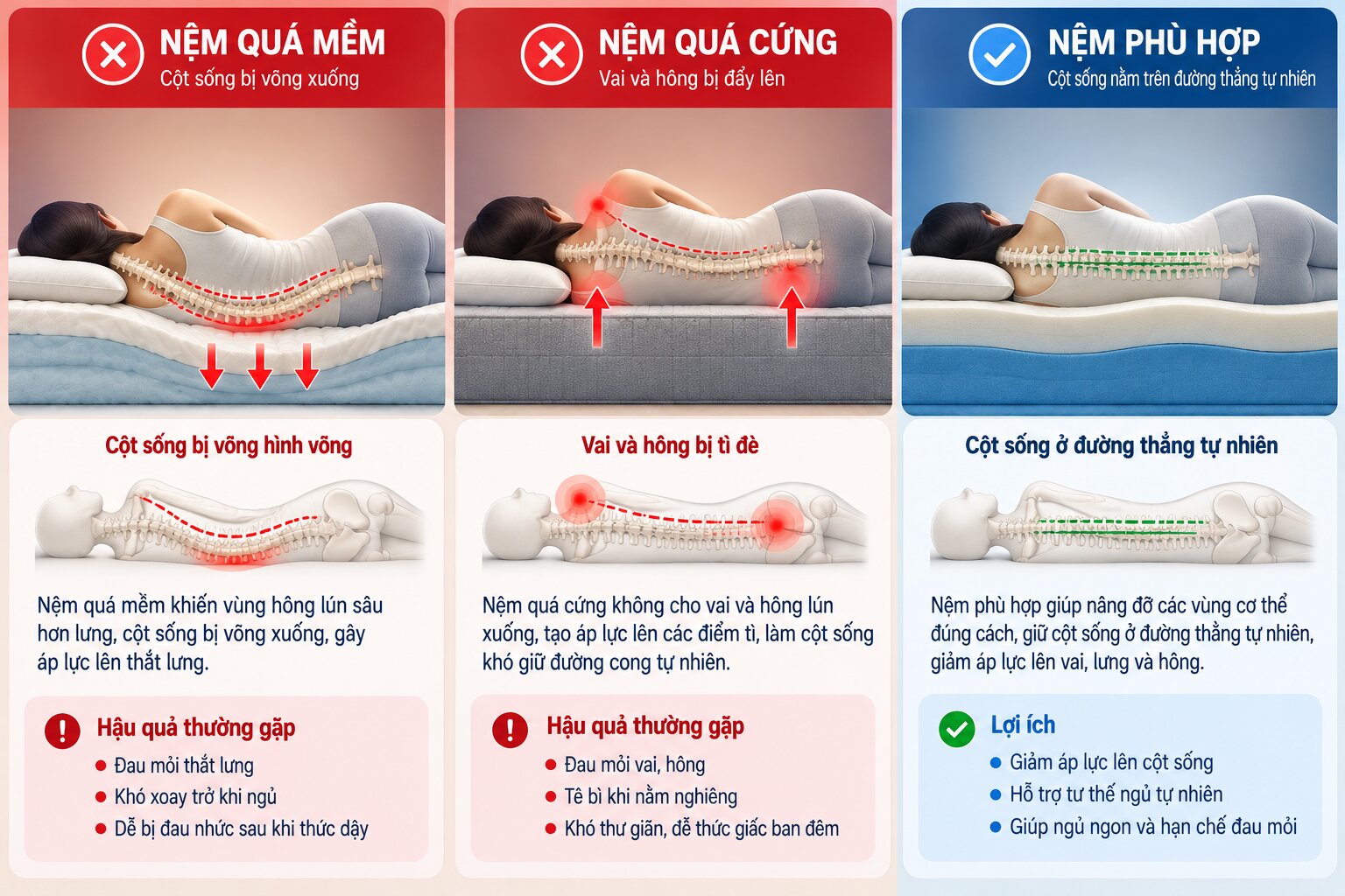 Mô phỏng đường cong tự nhiên của cột sống khi nằm nệm quá cứng, quá mềm và nệm có độ cứng phù hợp
