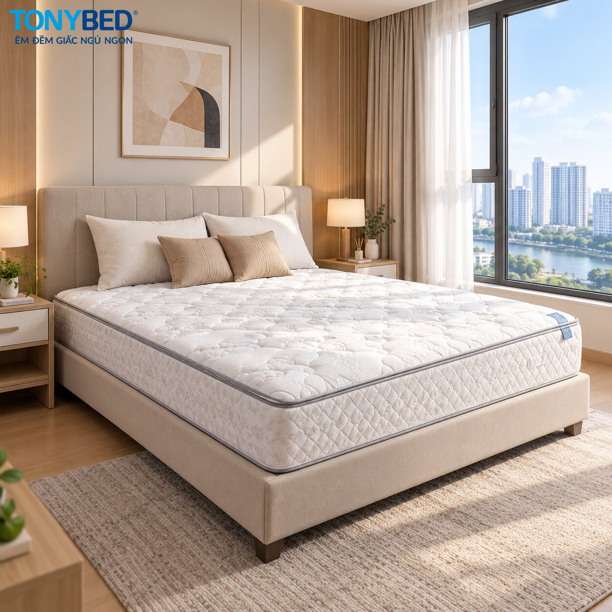 Nệm lò xo túi Tonybed bố trí trong phòng ngủ chính chung cư