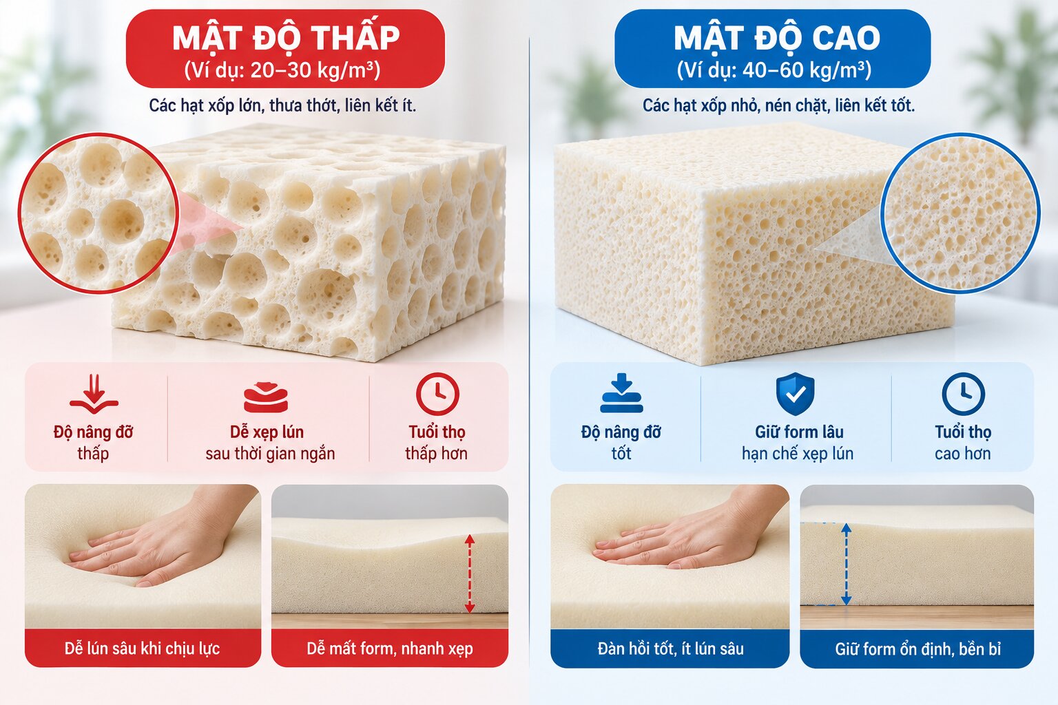 So sánh cấu trúc mật độ foam foam tỷ trọng cao chống xẹp lún tốt hơn foam tỷ trọng thấp