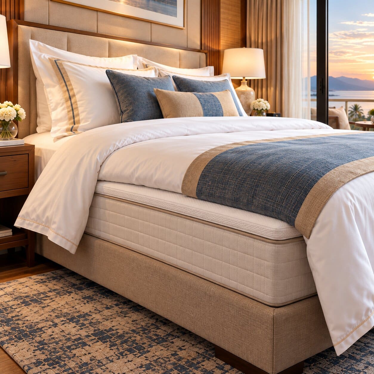 Hệ giường khách sạn gồm divan, nệm, topper, chăn ga và gối Tonybed