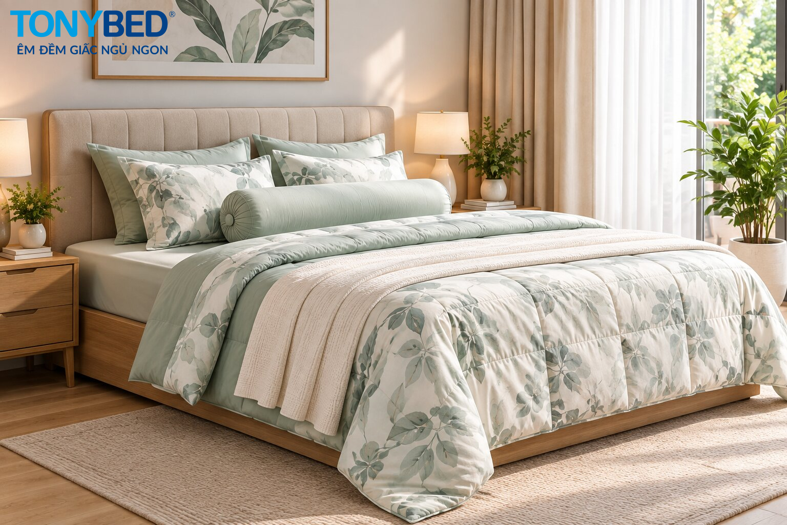Bộ chăn ga gối nệm Tonybed bố trí hoàn chỉnh trên giường