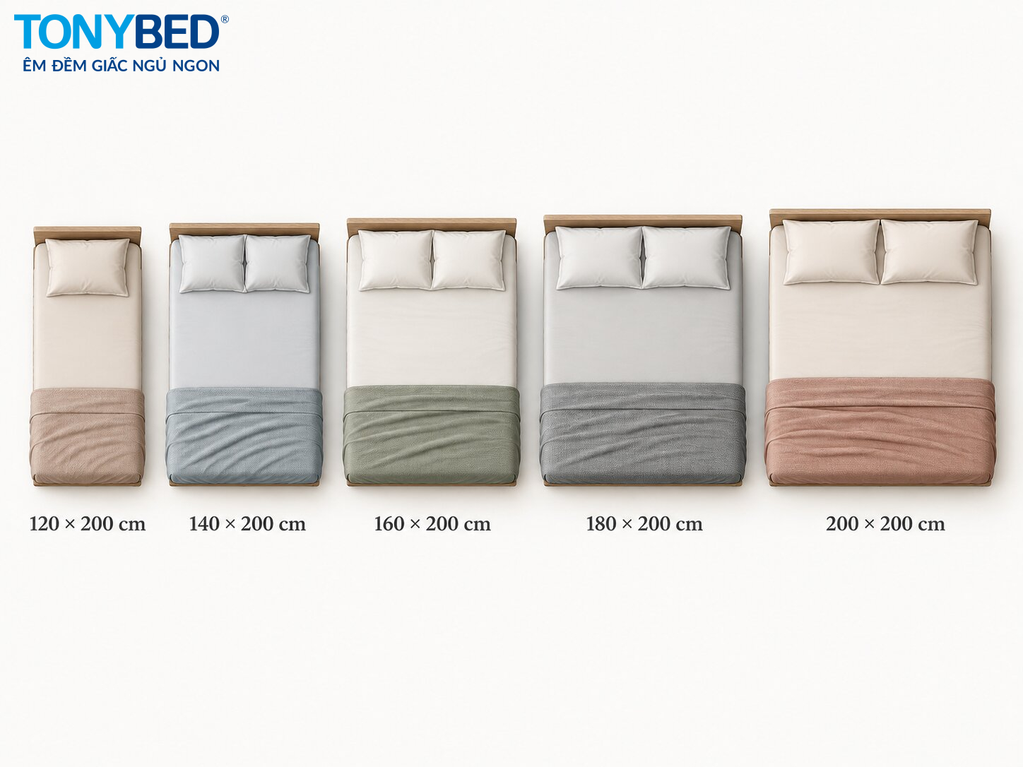 Các kích thước ga giường phổ biến 120x200 140x200 160x200 180x200 và 200x200 cm