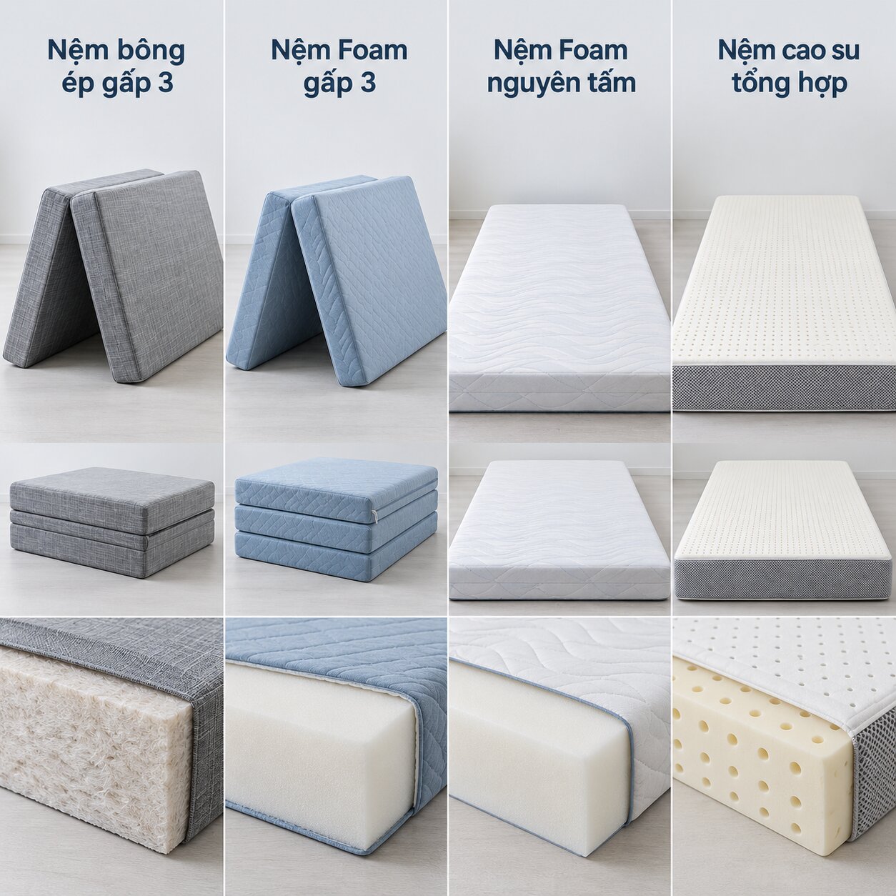 So sánh nệm bông ép gấp 3, Foam gấp 3 và các loại nệm nguyên tấm cho phòng trọ