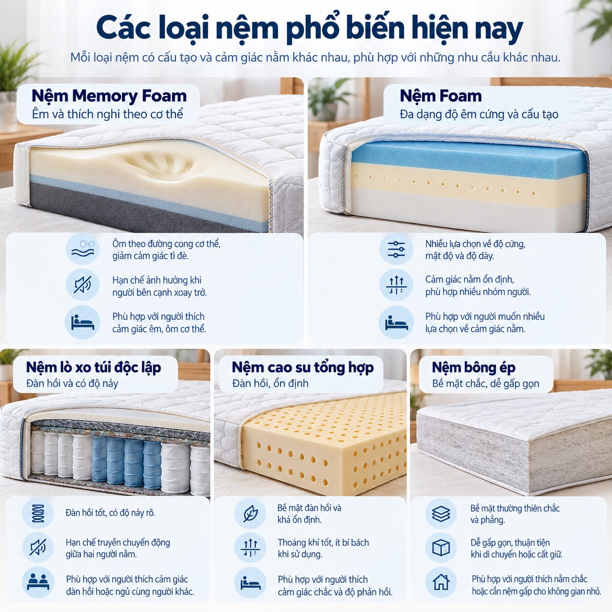 Các loại nệm phổ biến gồm Memory Foam Foam lò xo túi cao su tổng hợp và bông ép