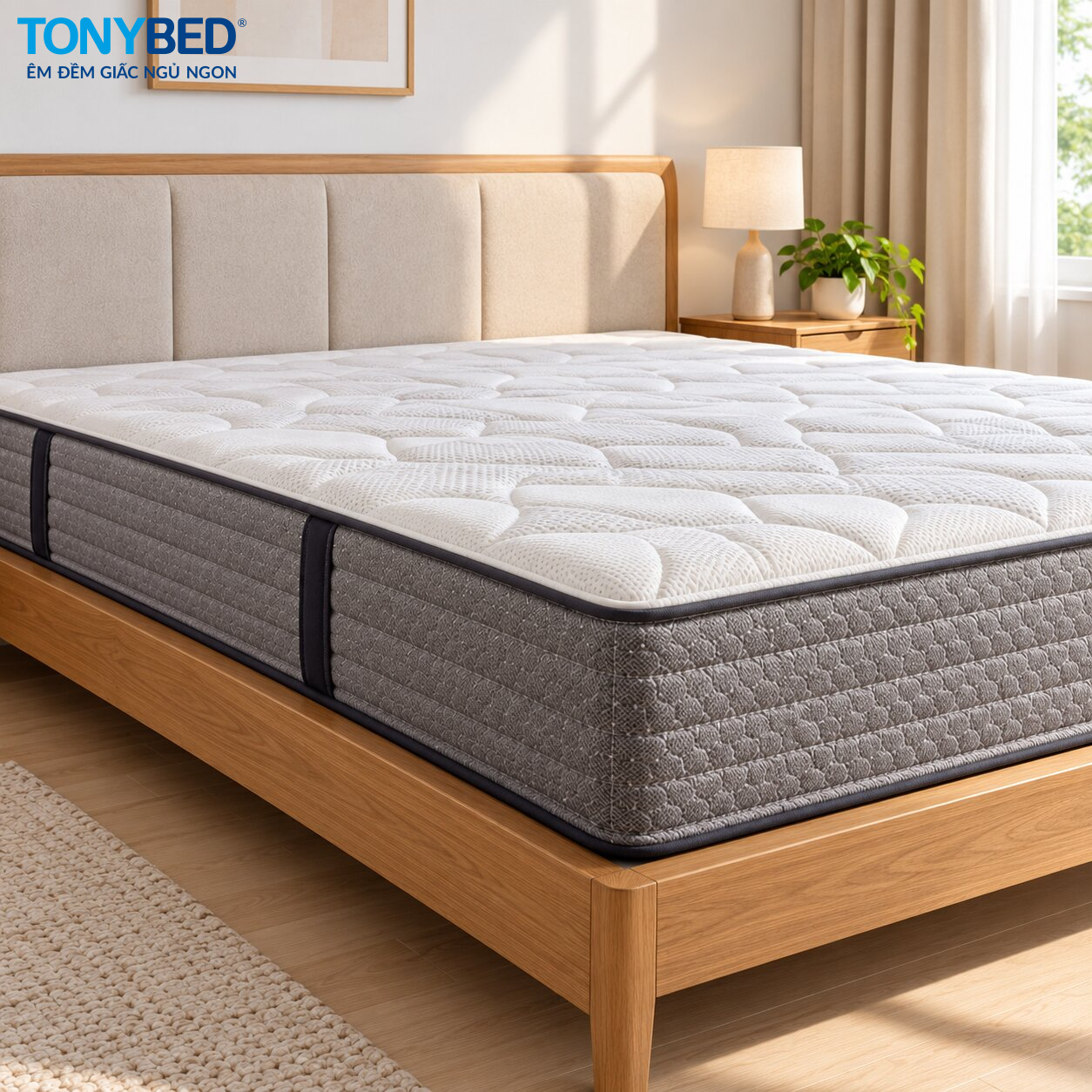 Nệm Tonybed đặt trên khung giường có bề mặt nâng đỡ phẳng