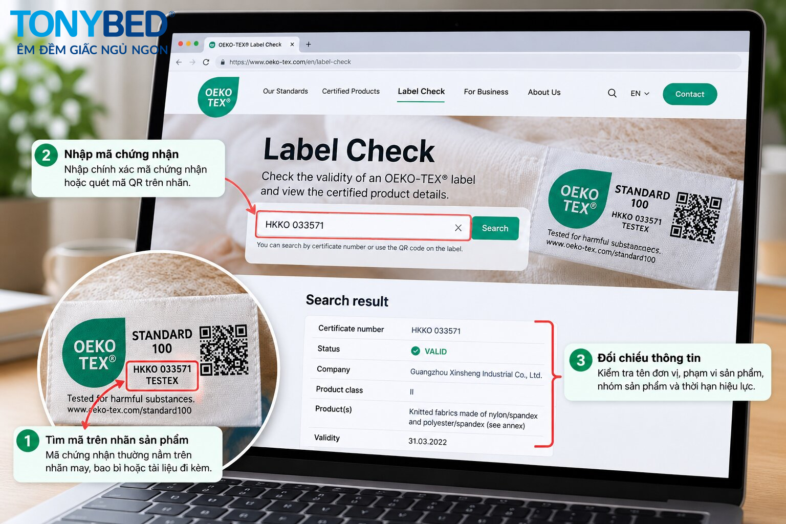 Minh họa cách tra cứu mã chứng nhận OEKO-TEX bằng công cụ Label Check trực tuyến