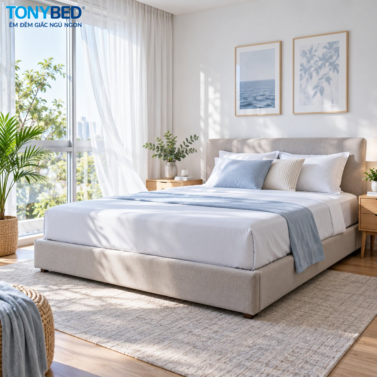 Phòng ngủ thoáng mát với ga giường mỏng giúp nằm dễ chịu hơn