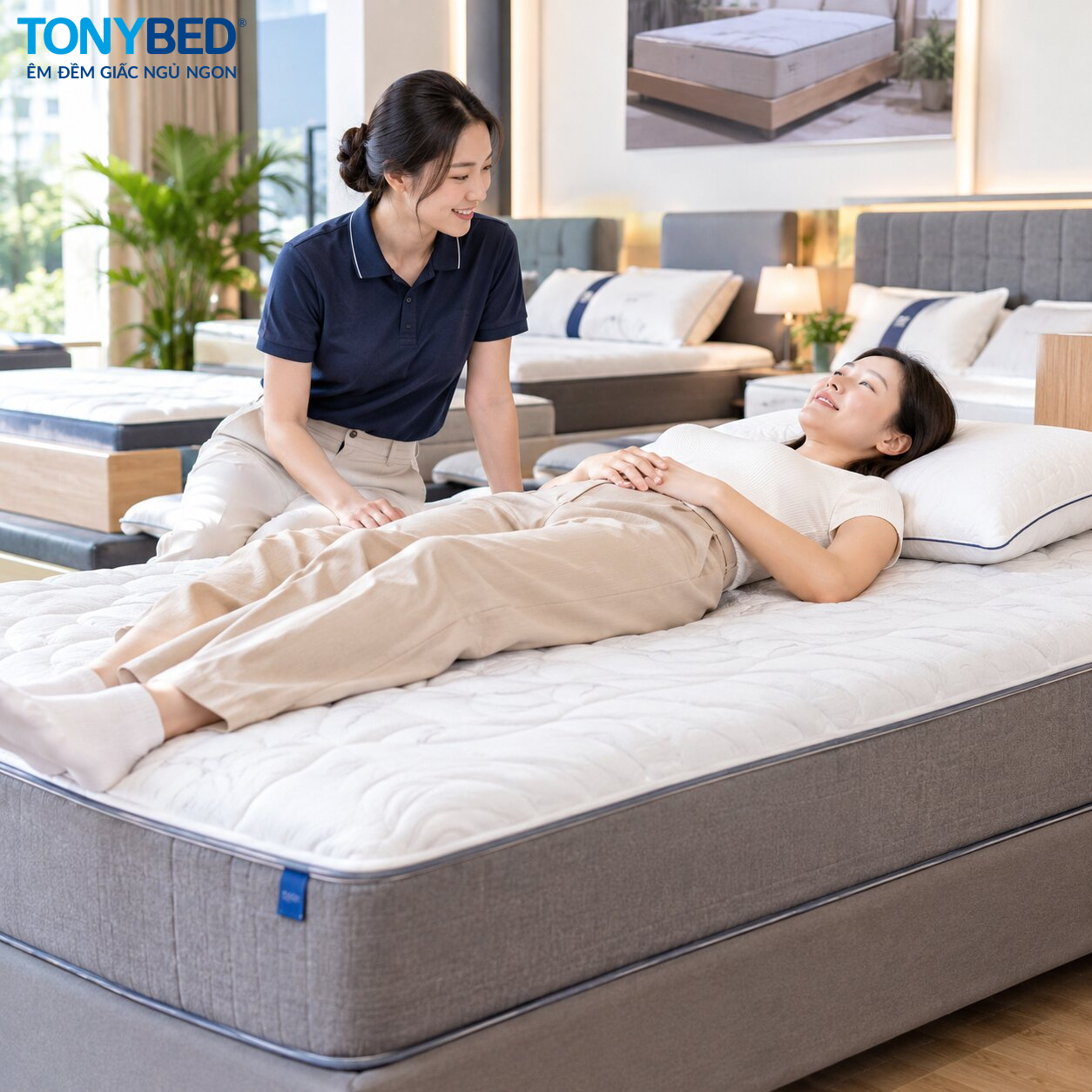 Hướng dẫn nằm thử nệm để kiểm tra độ êm và khả năng nâng đỡ