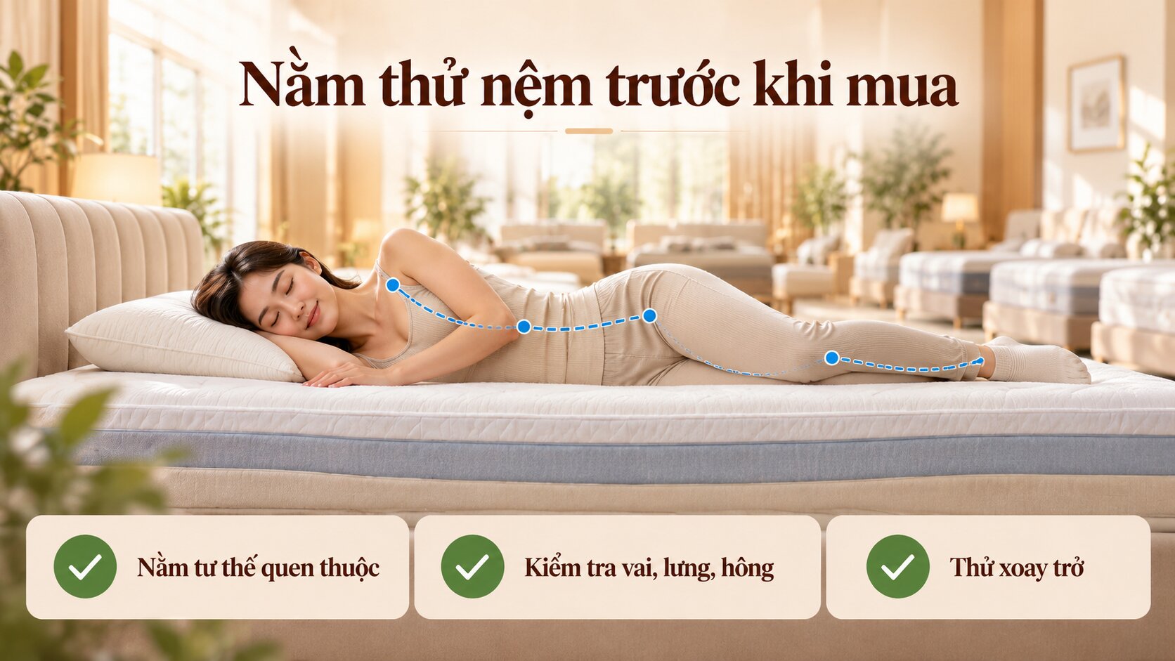 Người dùng nằm nghiêng thử độ cứng và cảm giác nâng đỡ của nệm