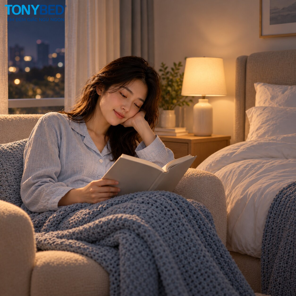 Người đọc sách dưới ánh đèn dịu để thư giãn khi tỉnh giấc giữa đêm