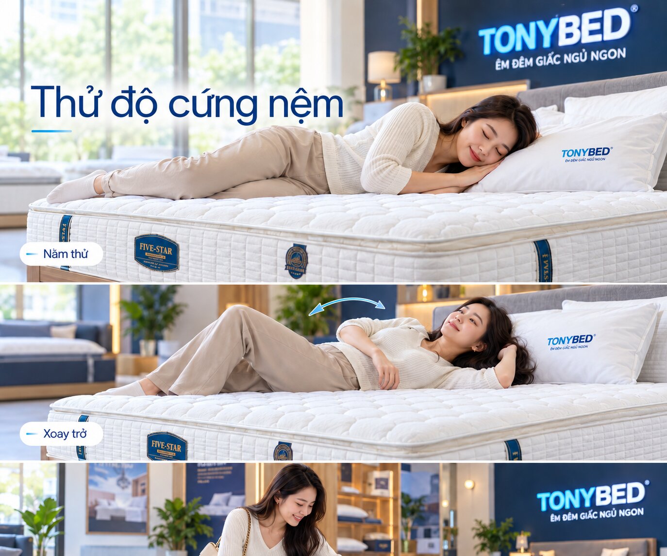 Khách hàng nằm thử độ cứng nệm tại showroom
