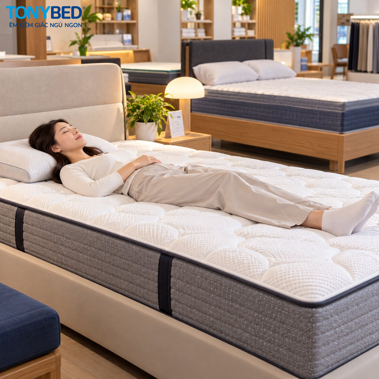 Khách hàng nằm thử nệm ở tư thế nằm ngửa để kiểm tra độ cứng và độ lún