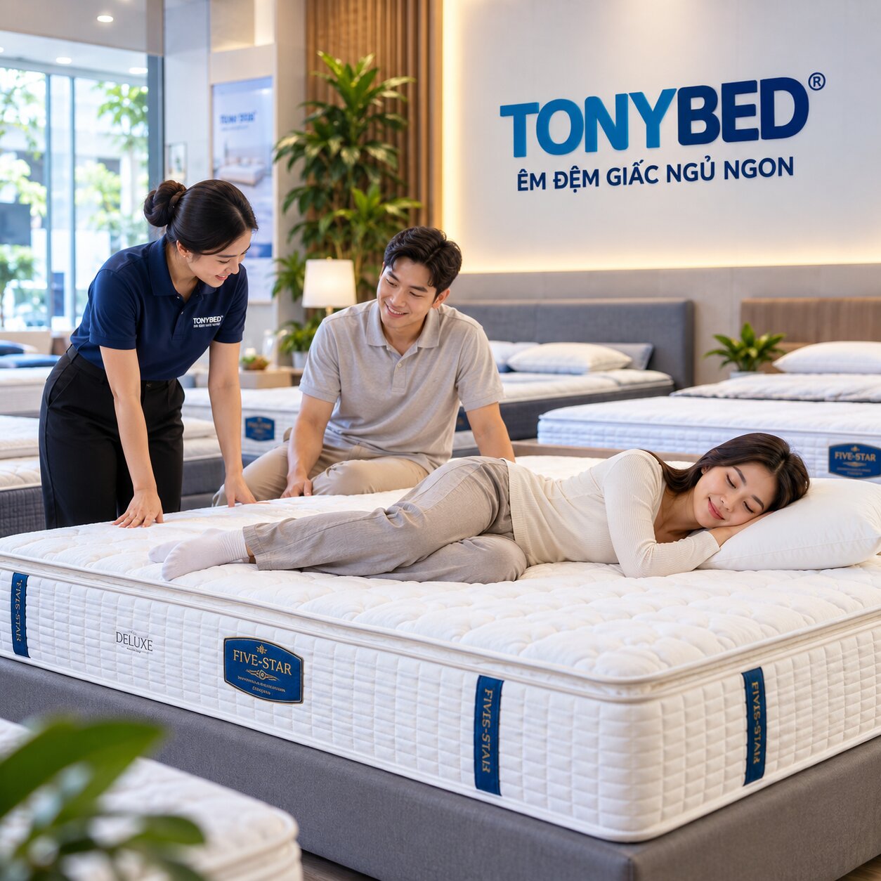 Khách hàng nằm thử nệm tại showroom Tonybed trước khi mua
