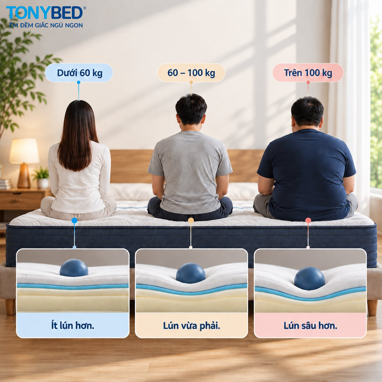 Cân nặng ảnh hưởng đến độ lún và cảm giác cứng mềm của nệm