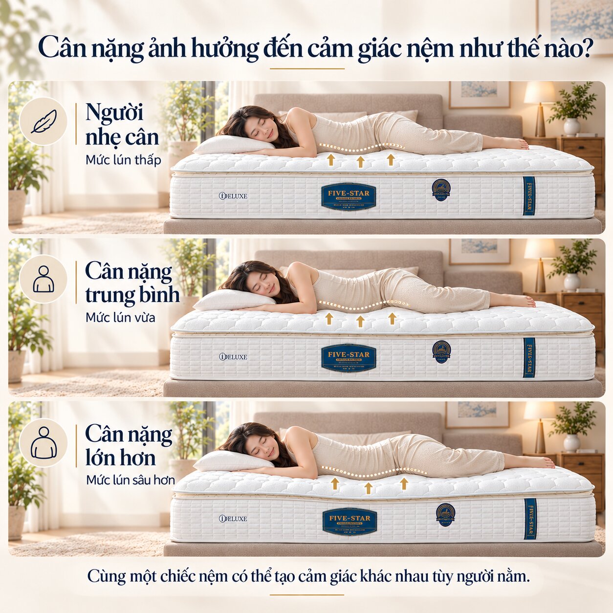 Cân nặng ảnh hưởng đến độ lún và cảm giác mềm cứng của nệm