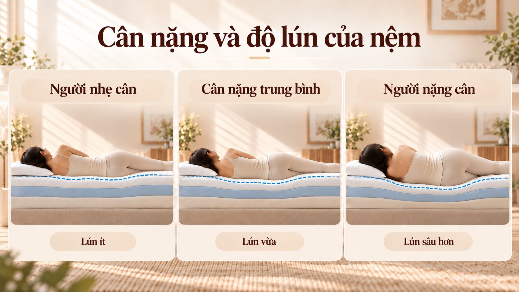 Minh họa sự khác nhau về độ lún nệm giữa người nhẹ cân và nặng cân