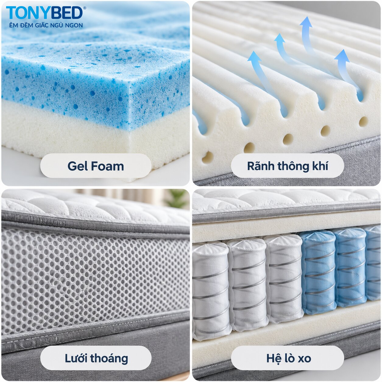 Gel Foam rãnh thông khí lưới thoáng và lò xo giúp nệm thông thoáng hơn