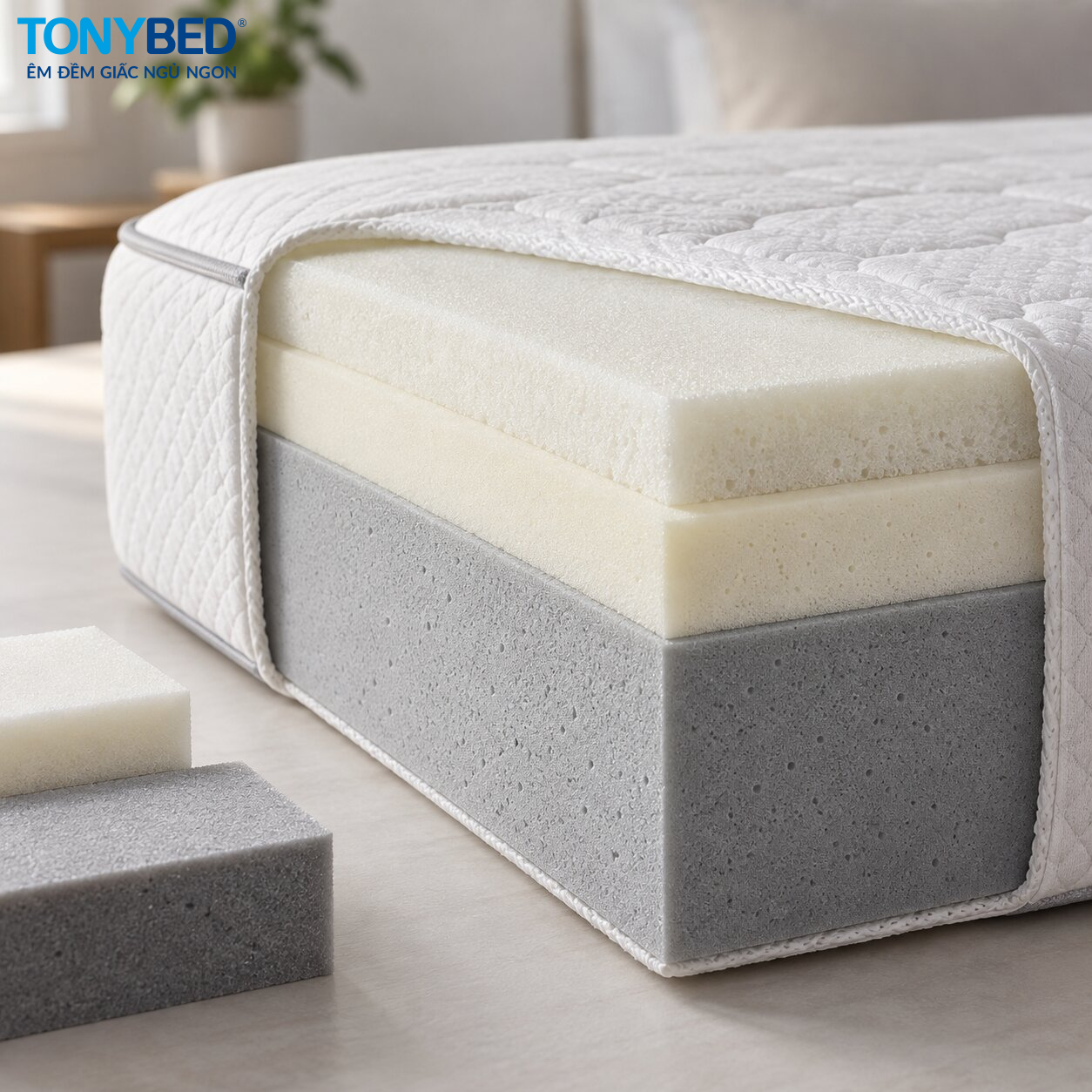 Minh họa lớp foam tạo độ êm và phần lõi nâng đỡ của nệm cao su tổng hợp