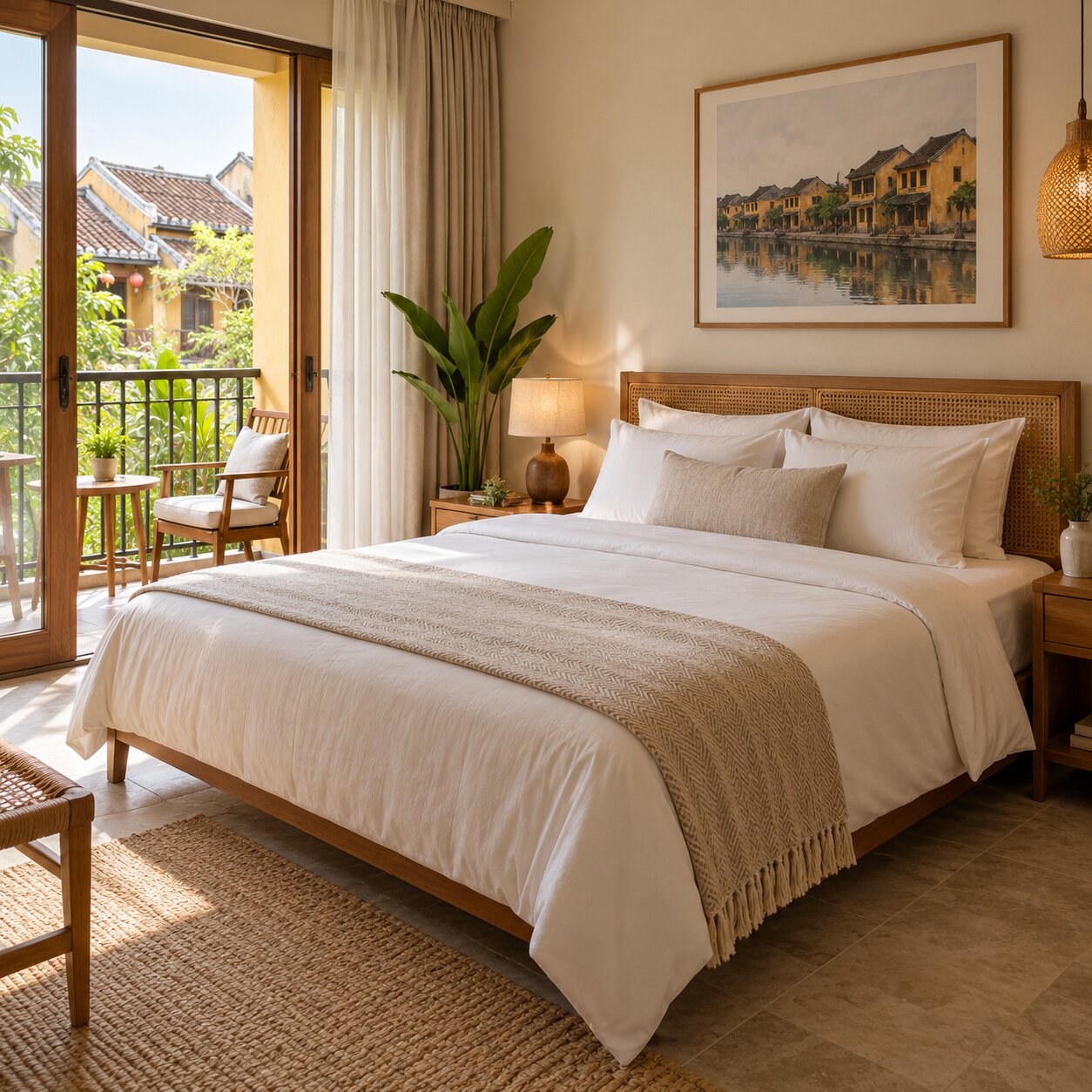 Phòng ngủ homestay với bộ chăn ga gối màu trắng đồng bộ