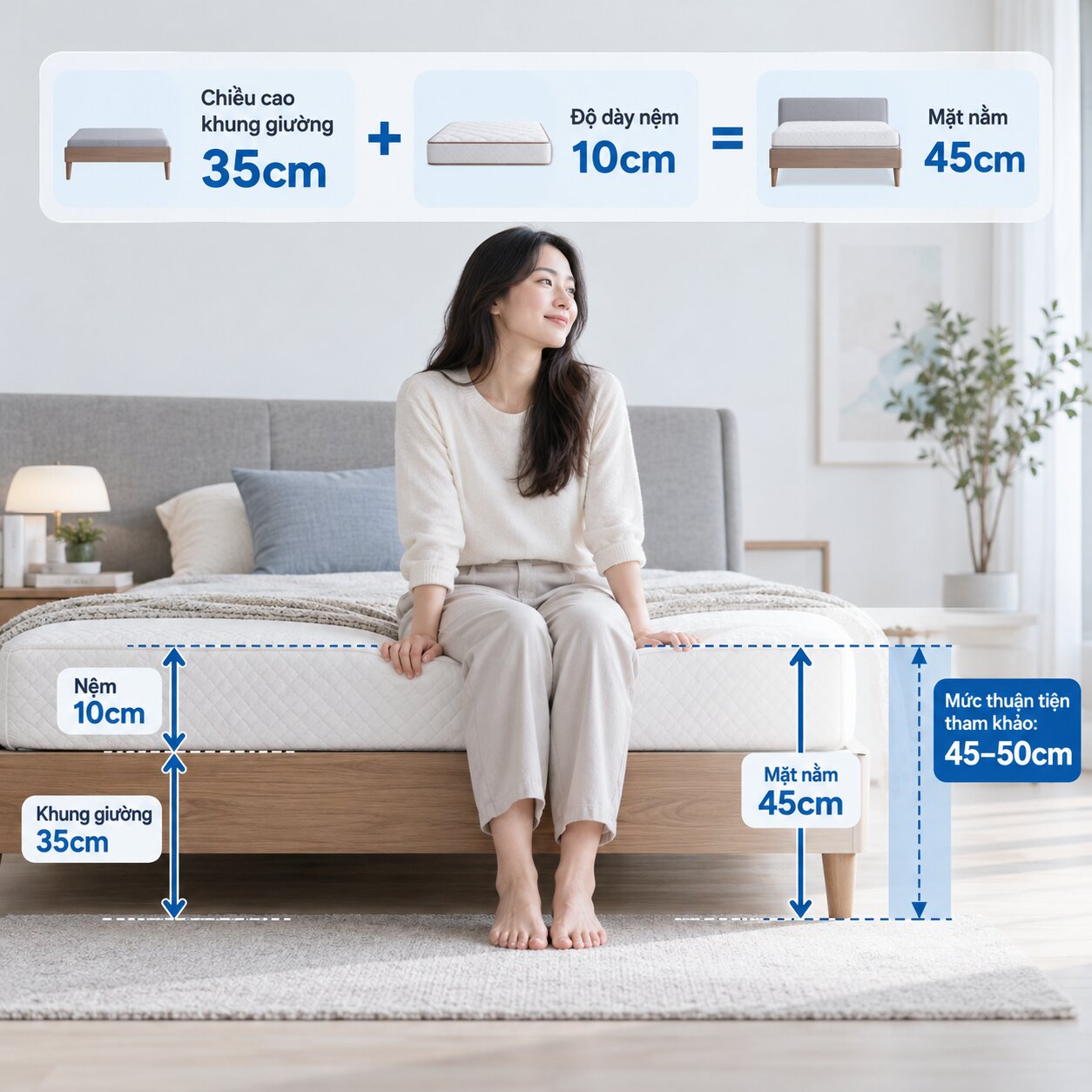 Cách tính tổng chiều cao mặt nằm lý tưởng khi kết hợp khung giường và nệm