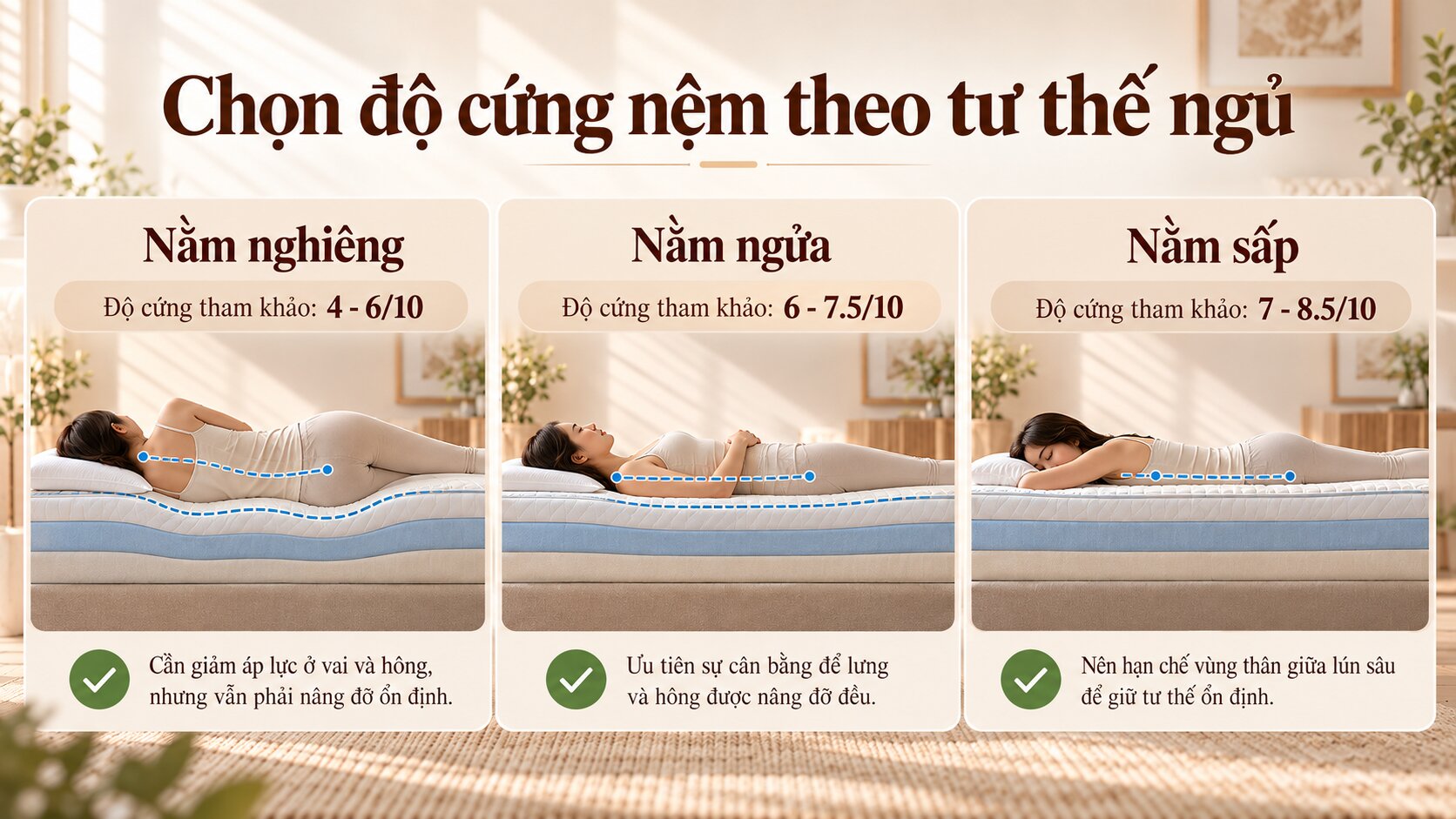 Ba tư thế nằm nghiêng, nằm ngửa và nằm sấp khi lựa chọn độ cứng nệm