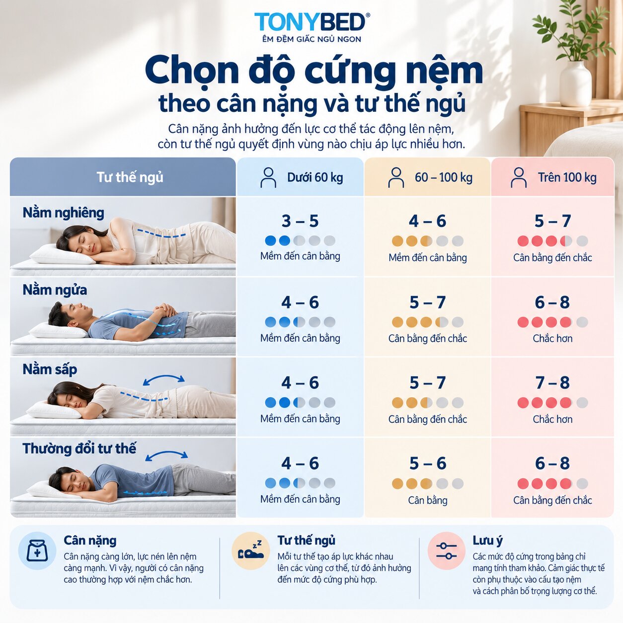 Cách chọn độ cứng nệm theo cân nặng và tư thế ngủ