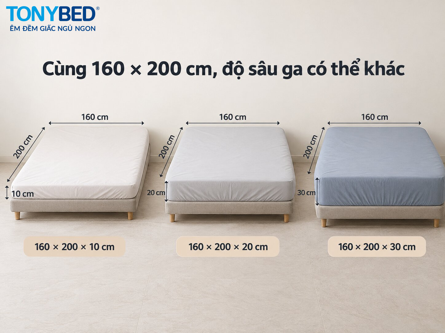 Ba nệm 160x200 cm có độ dày 10 20 và 30 cm cần độ sâu ga khác nhau