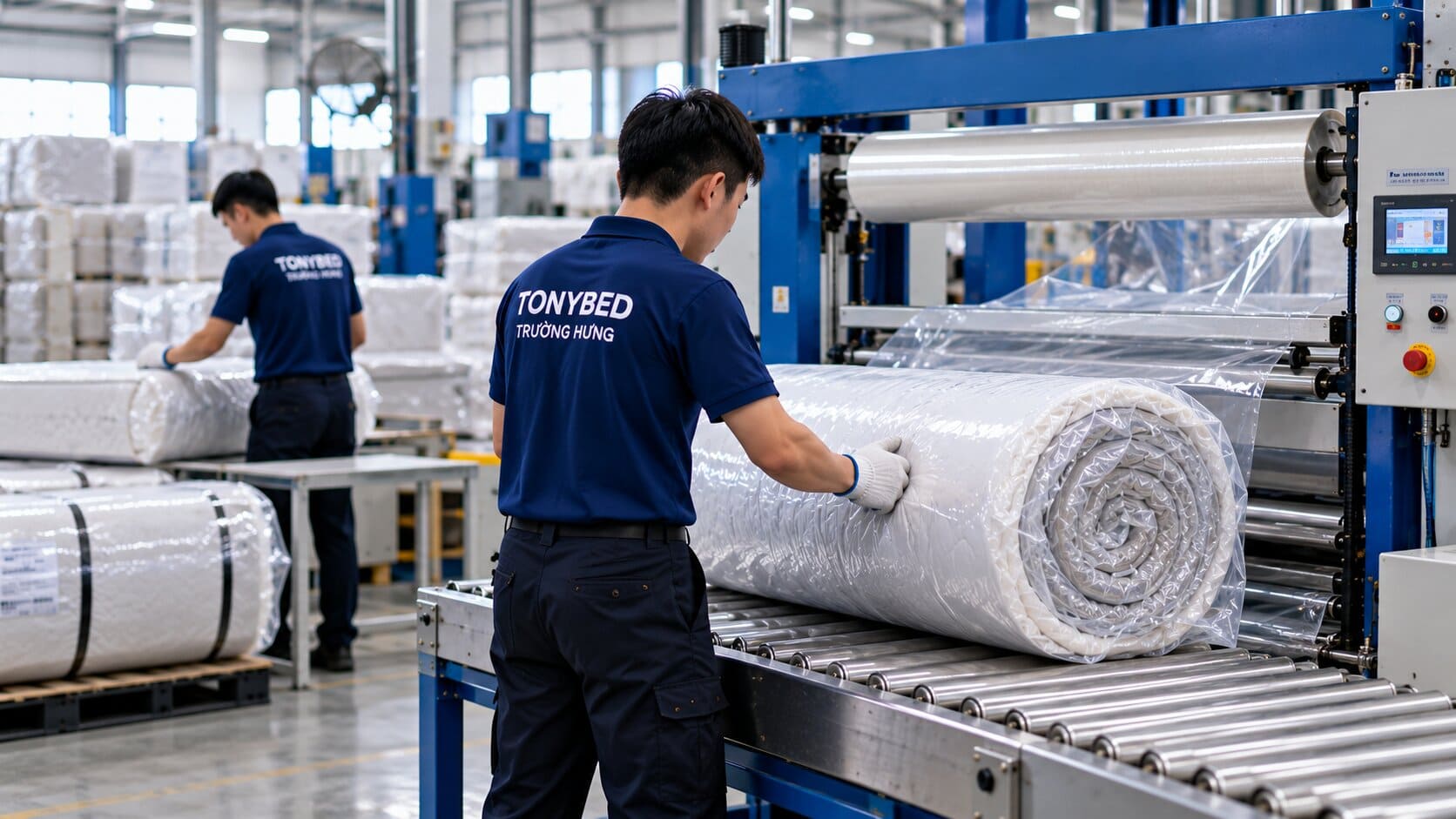 Nhân viên nhà máy Trường Hưng thực hiện công đoạn đóng gói nệm cuộn