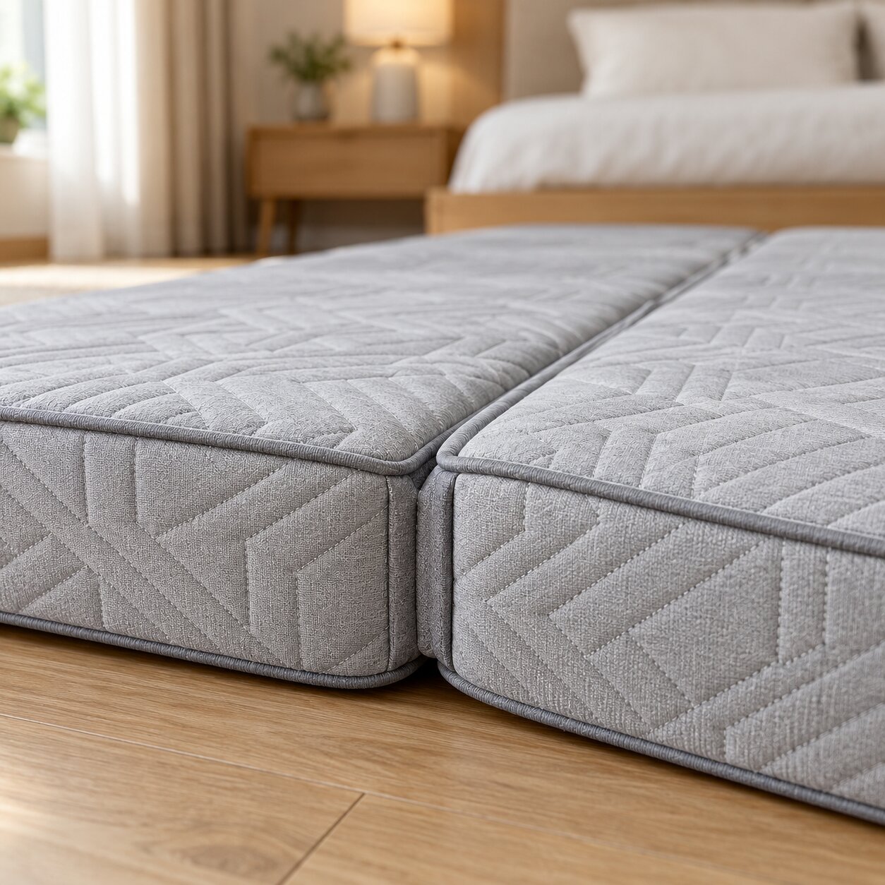Cận cảnh đường may và khớp nối nệm bông ép gấp 3 Nakata