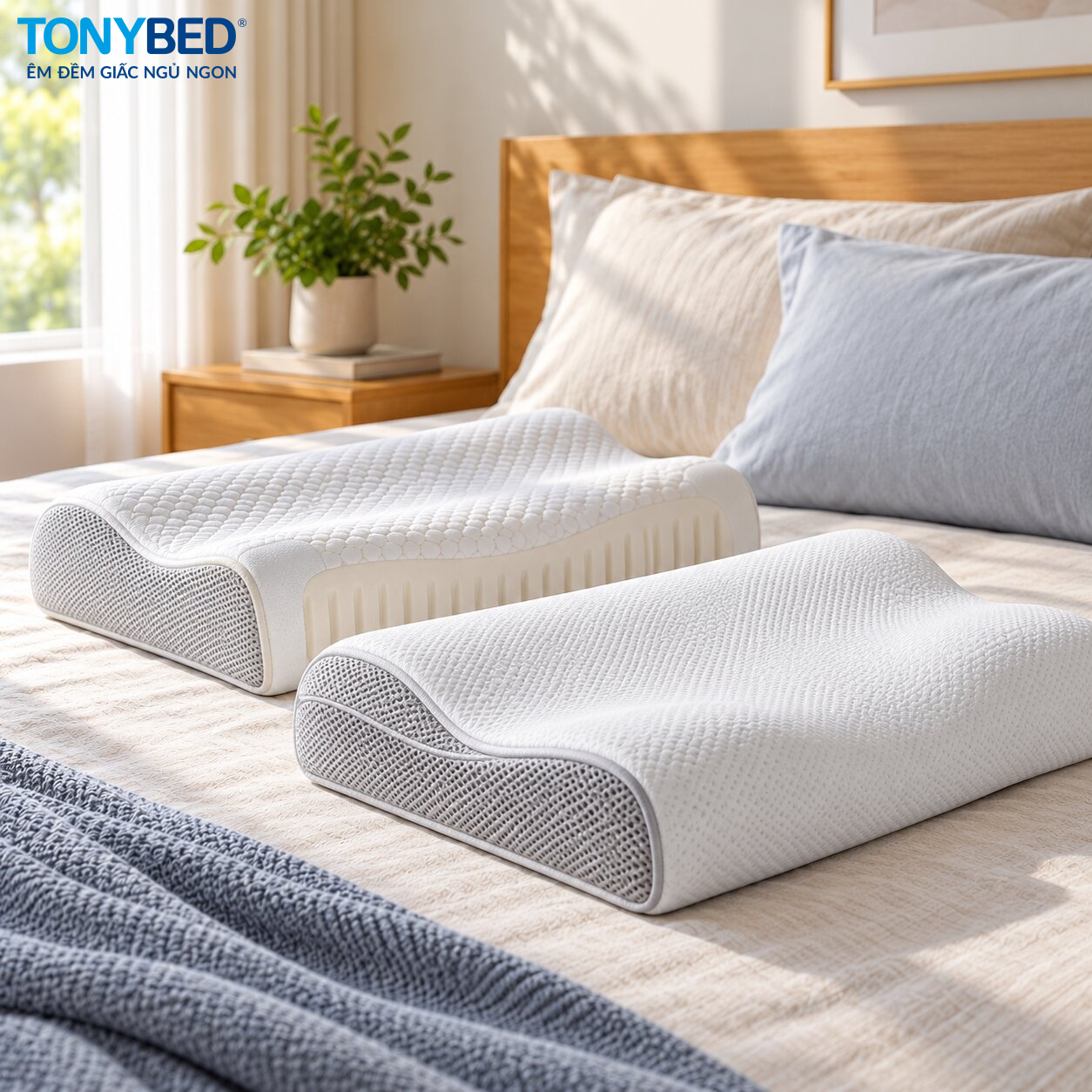 Gối công thái học Memory Foam và Foam dầu cọ Tonybed
