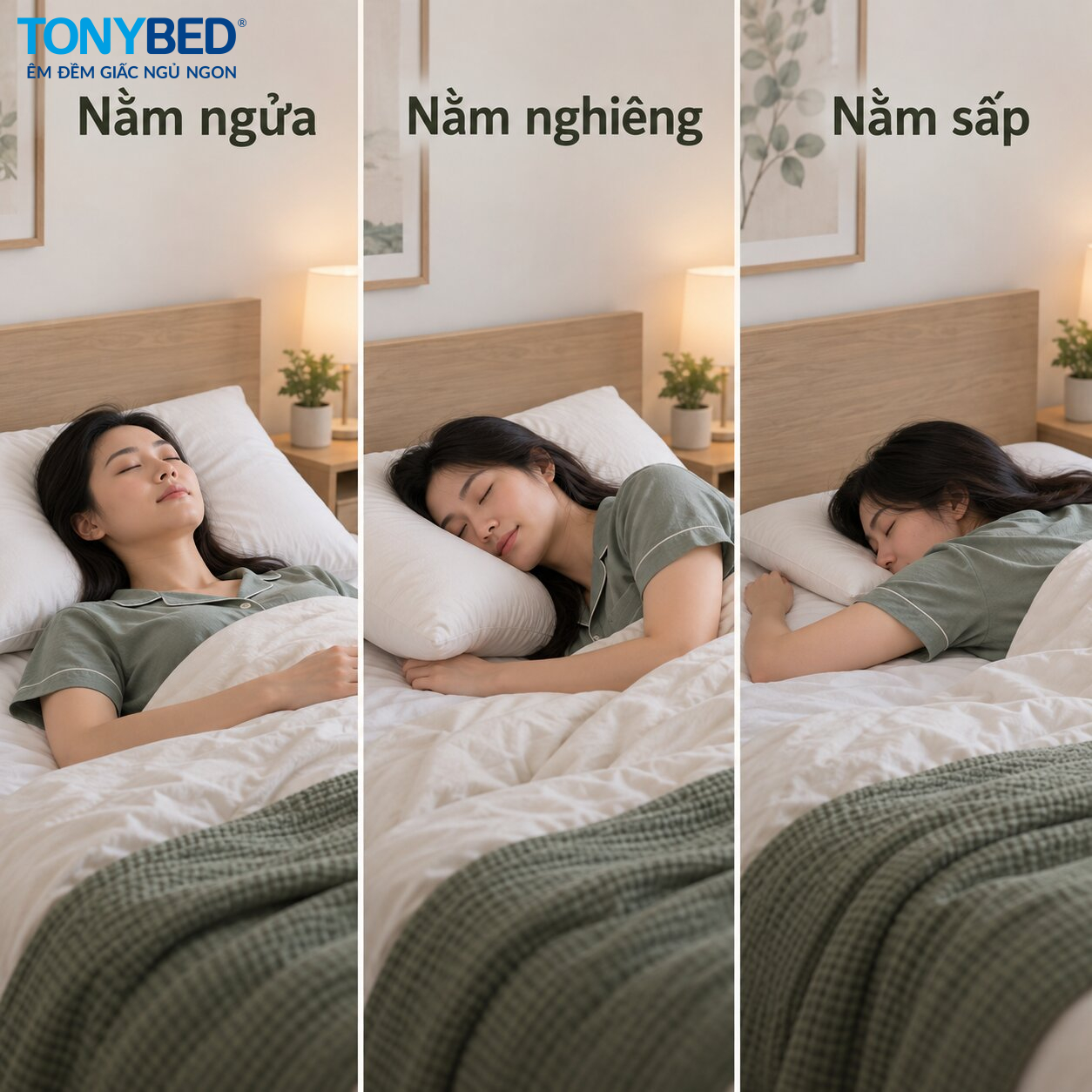 Ba tư thế ngủ gồm nằm ngửa nằm nghiêng và nằm sấp với độ cao gối khác nhau