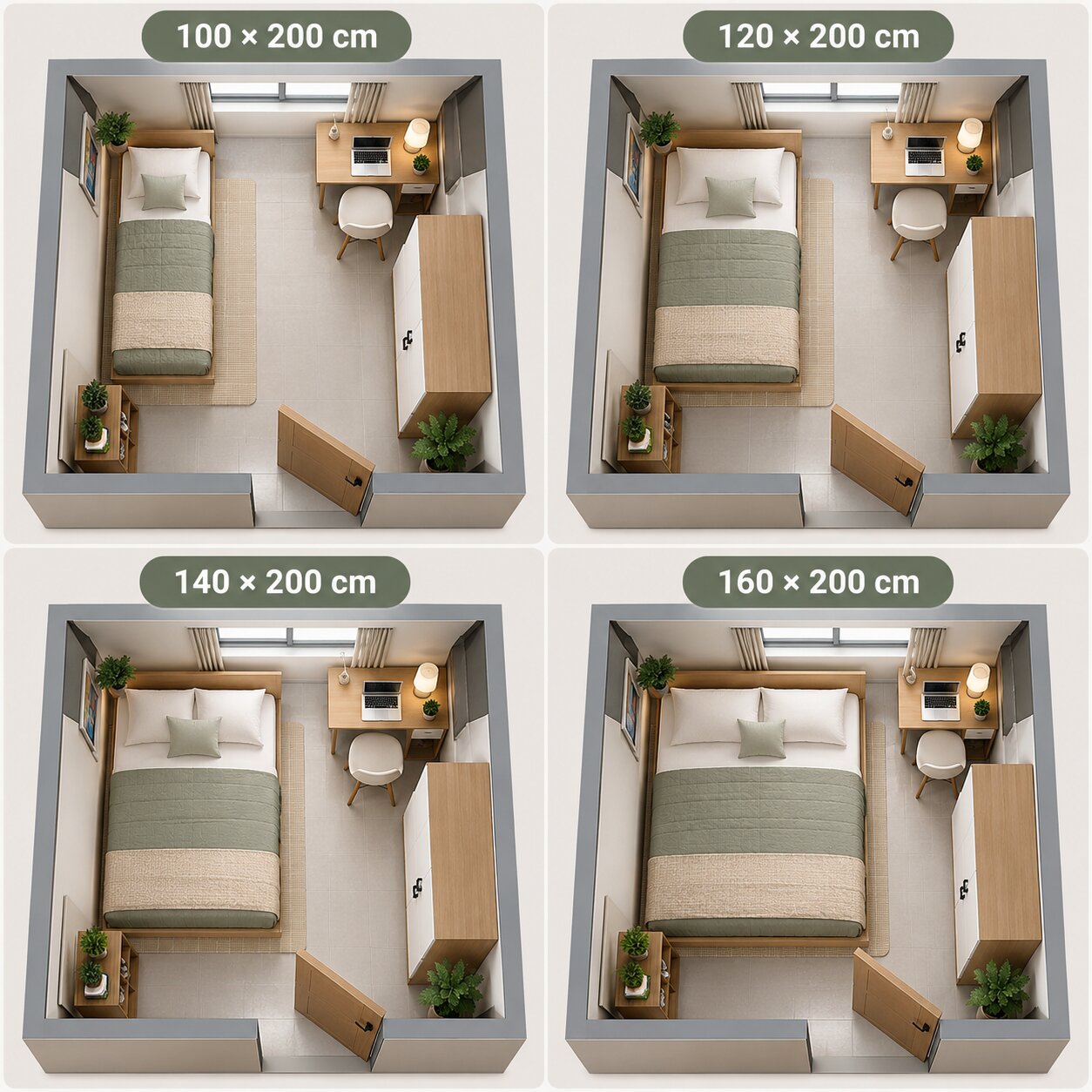 Kích thước nệm 1m, 1m2, 1m4 và 1m6 trong cùng diện tích phòng