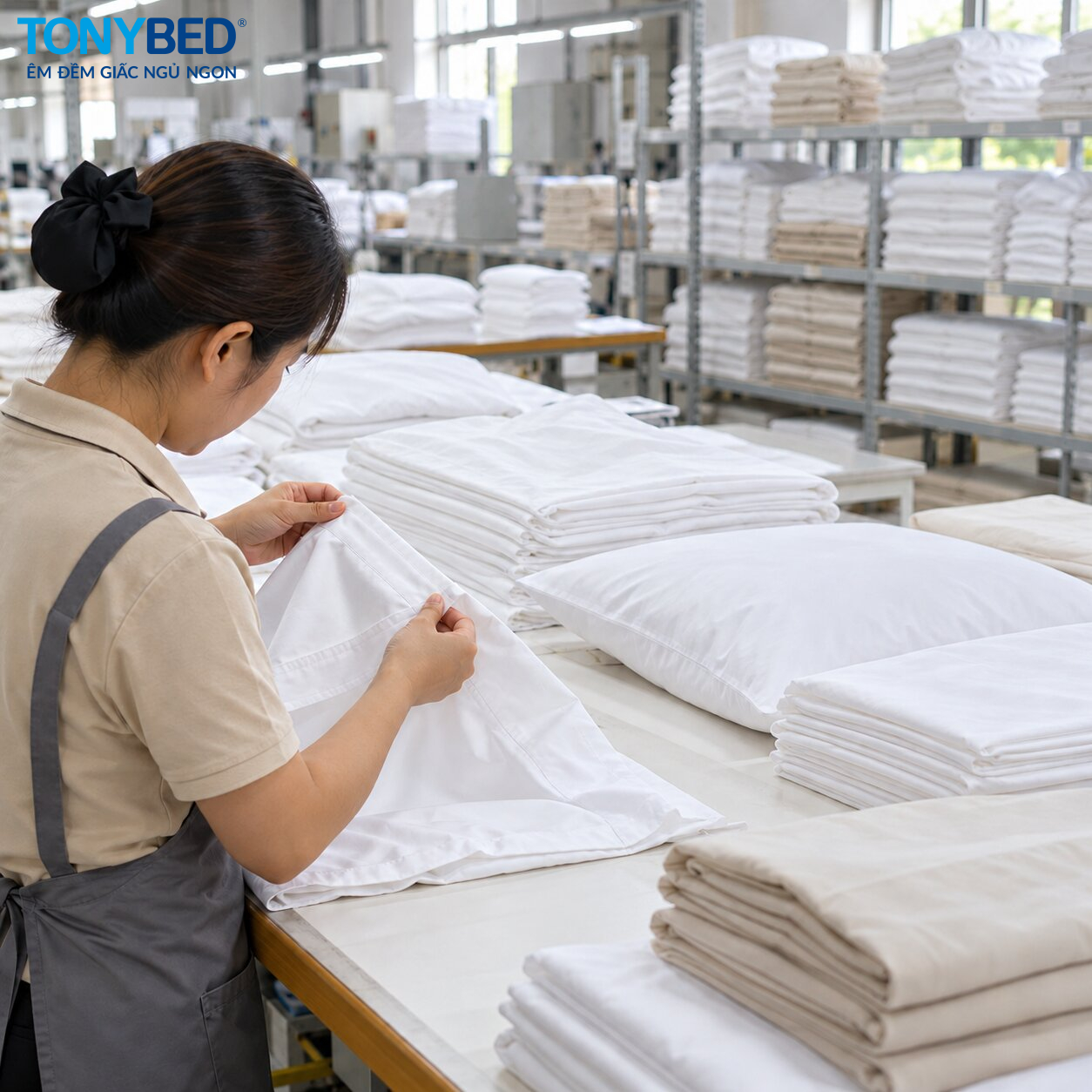 Nhân viên kiểm tra đường may của vỏ gối trắng tại bàn kiểm tra chất lượng đồ vải