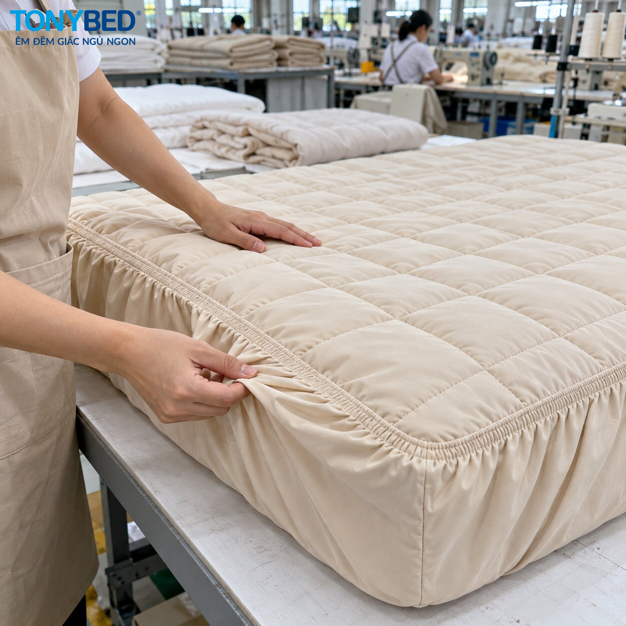 Kiểm tra chất lượng đường may và lớp bông chần ga giường