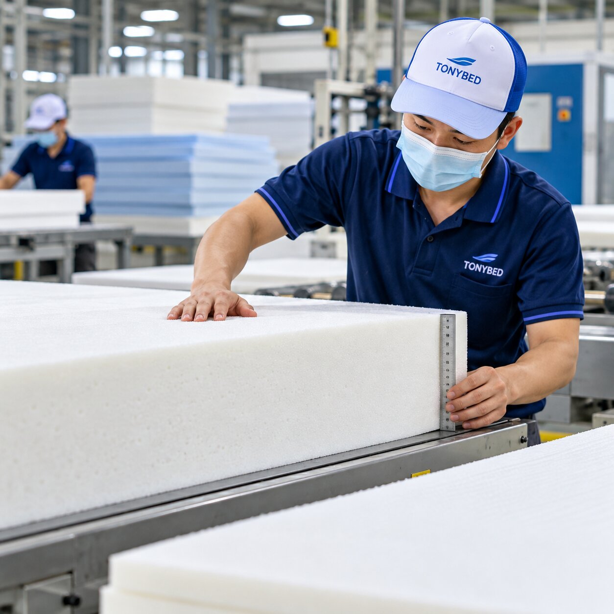 Công đoạn kiểm tra chất lượng vật liệu và kết cấu nệm foam tại nhà máy