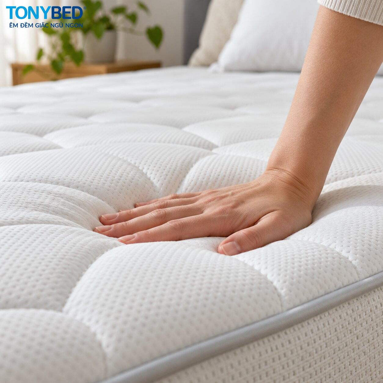 Dùng tay ấn kiểm tra độ đàn hồi và độ lún của nệm cao su nhân tạo