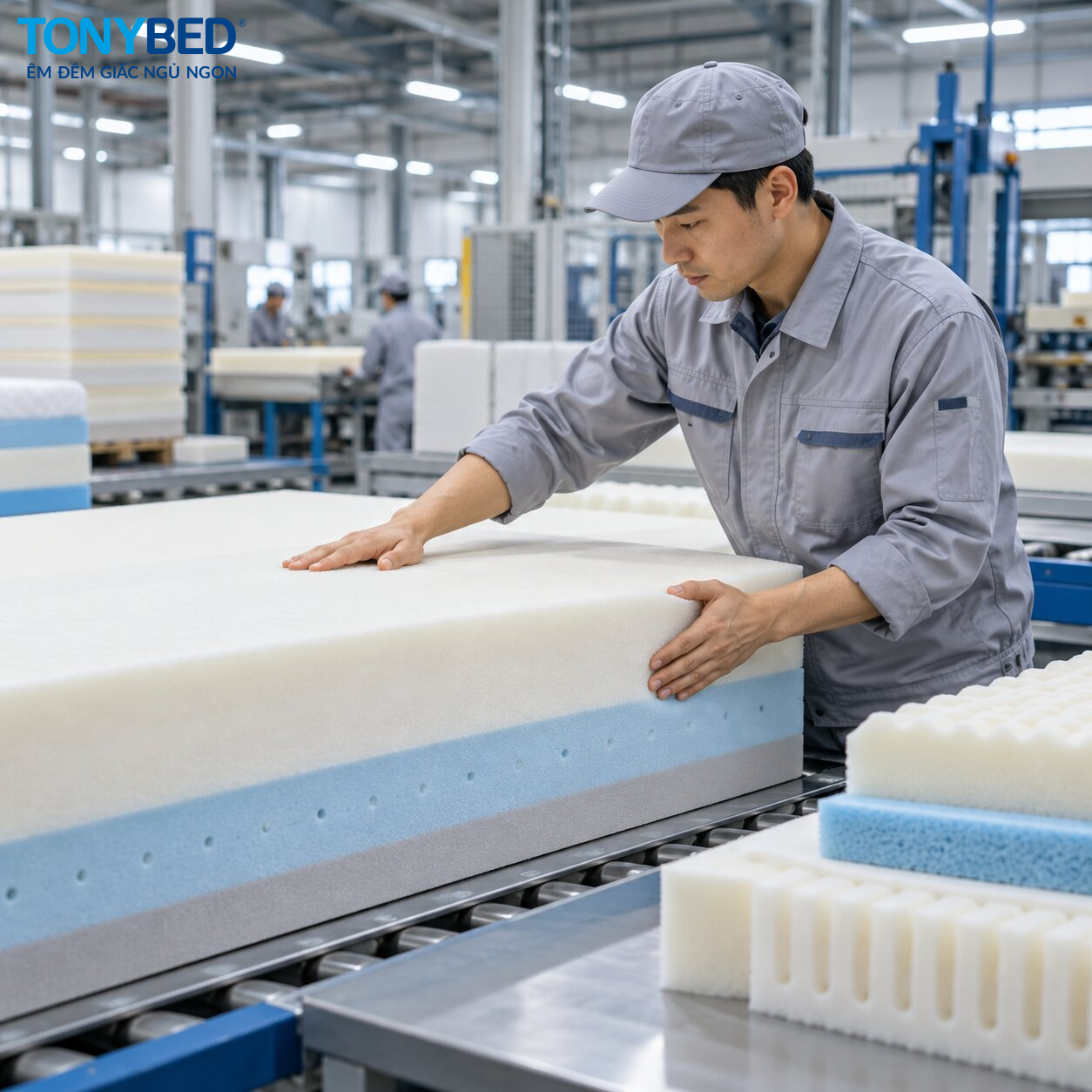 Nhân viên kiểm tra lõi foam dùng trong sản xuất nệm cao su tổng hợp