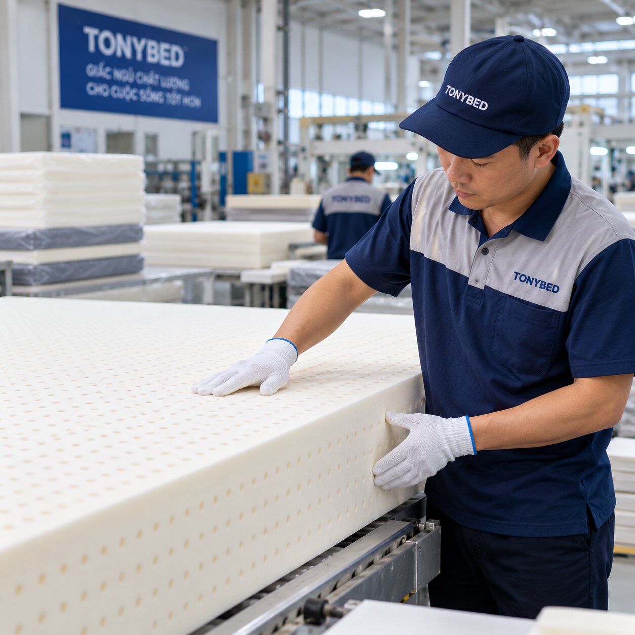 Nhân viên nhà máy Tonybed kiểm tra vật liệu và cấu tạo nệm trong quá trình sản xuất